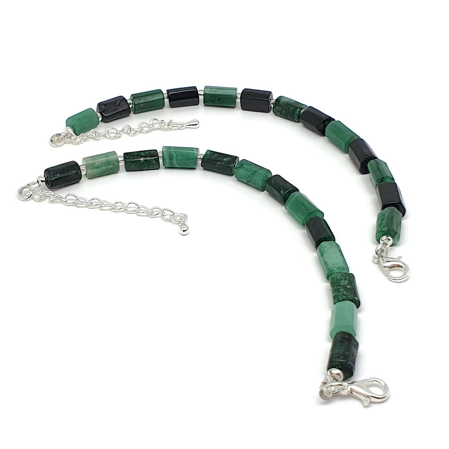 Natural Green Emerald Beaded Bracelet Black Tourmaline Adjustable Length