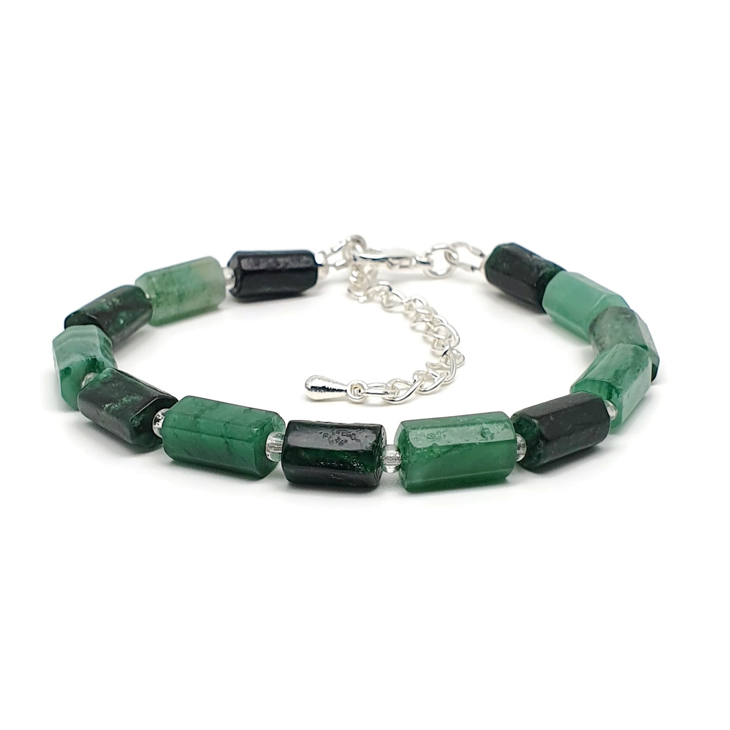 Natural Green Emerald Beaded Bracelet Black Tourmaline Adjustable Length