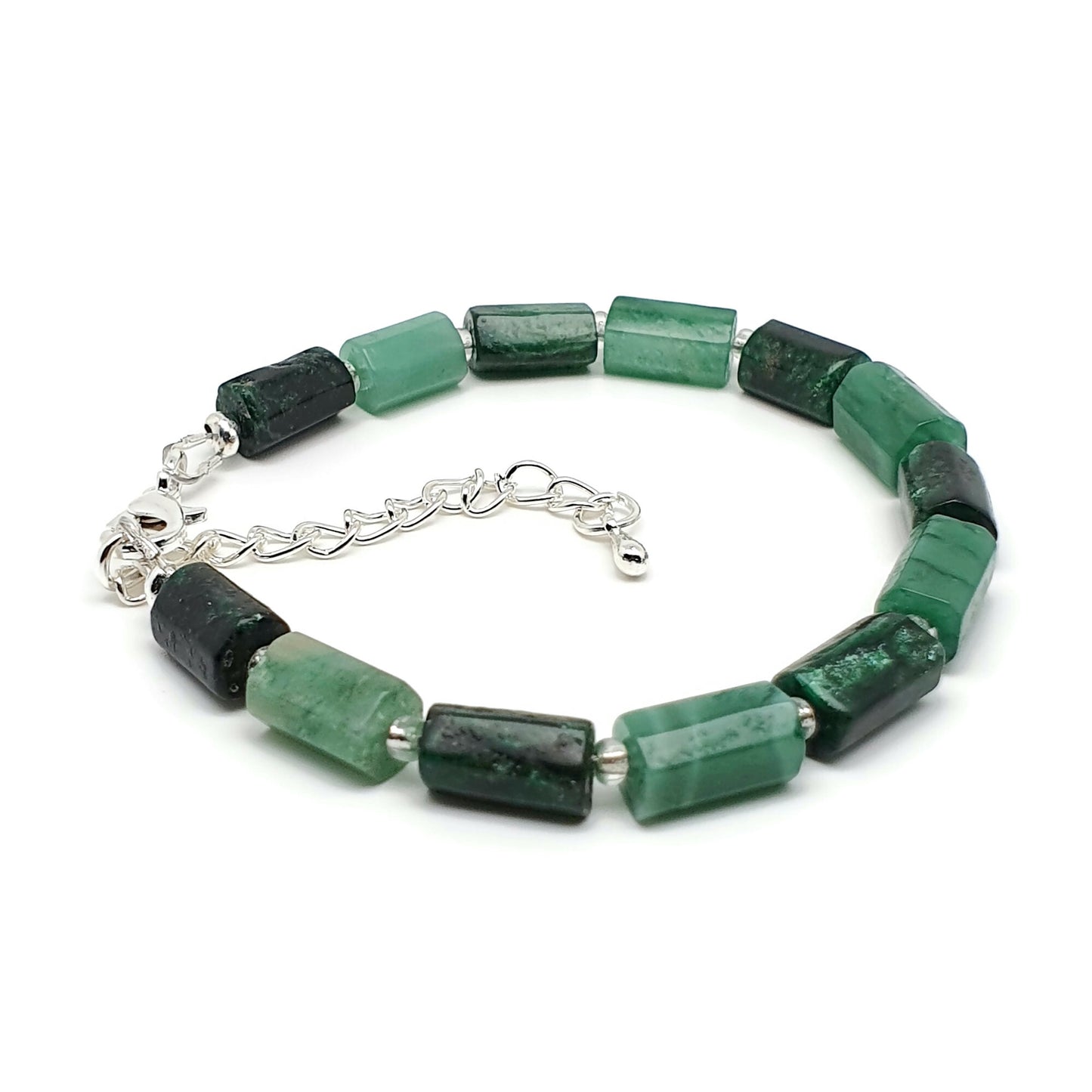 Natural Green Emerald Beaded Bracelet Black Tourmaline Adjustable Length