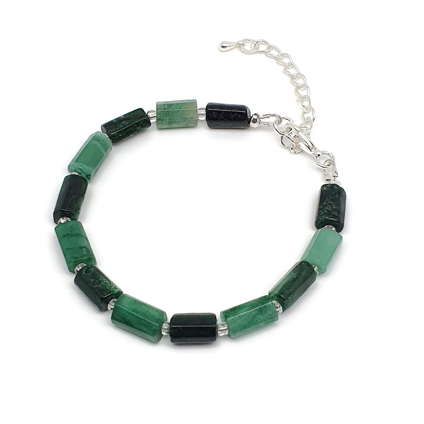 Natural Green Emerald Beaded Bracelet Black Tourmaline Adjustable Length