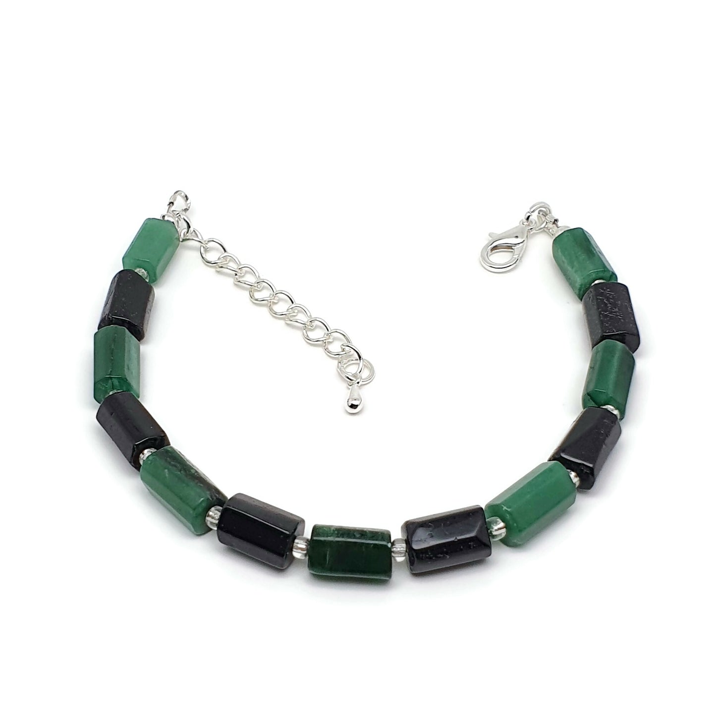 Natural Green Emerald Beaded Bracelet Black Tourmaline Adjustable Length