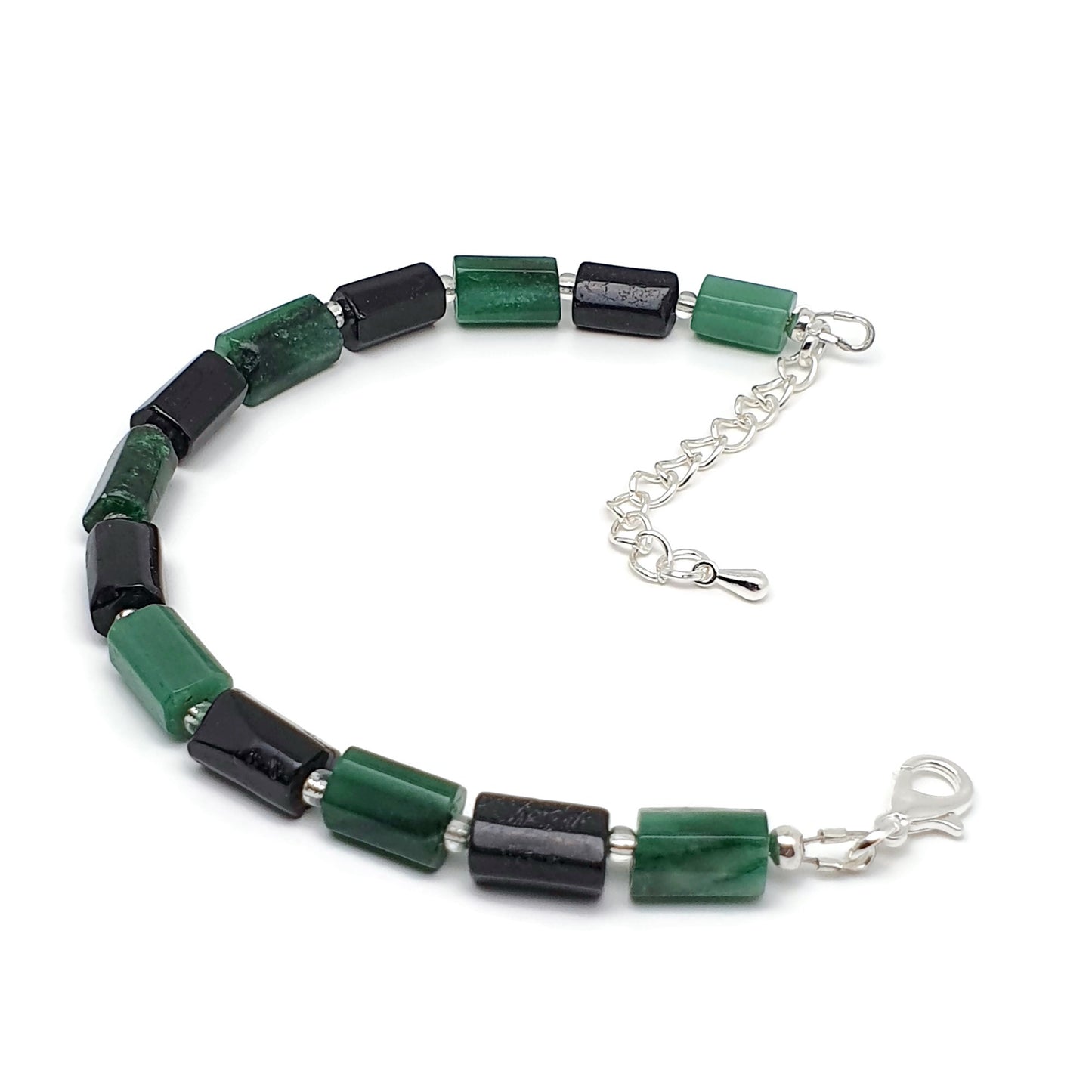 Natural Green Emerald Beaded Bracelet Black Tourmaline Adjustable Length