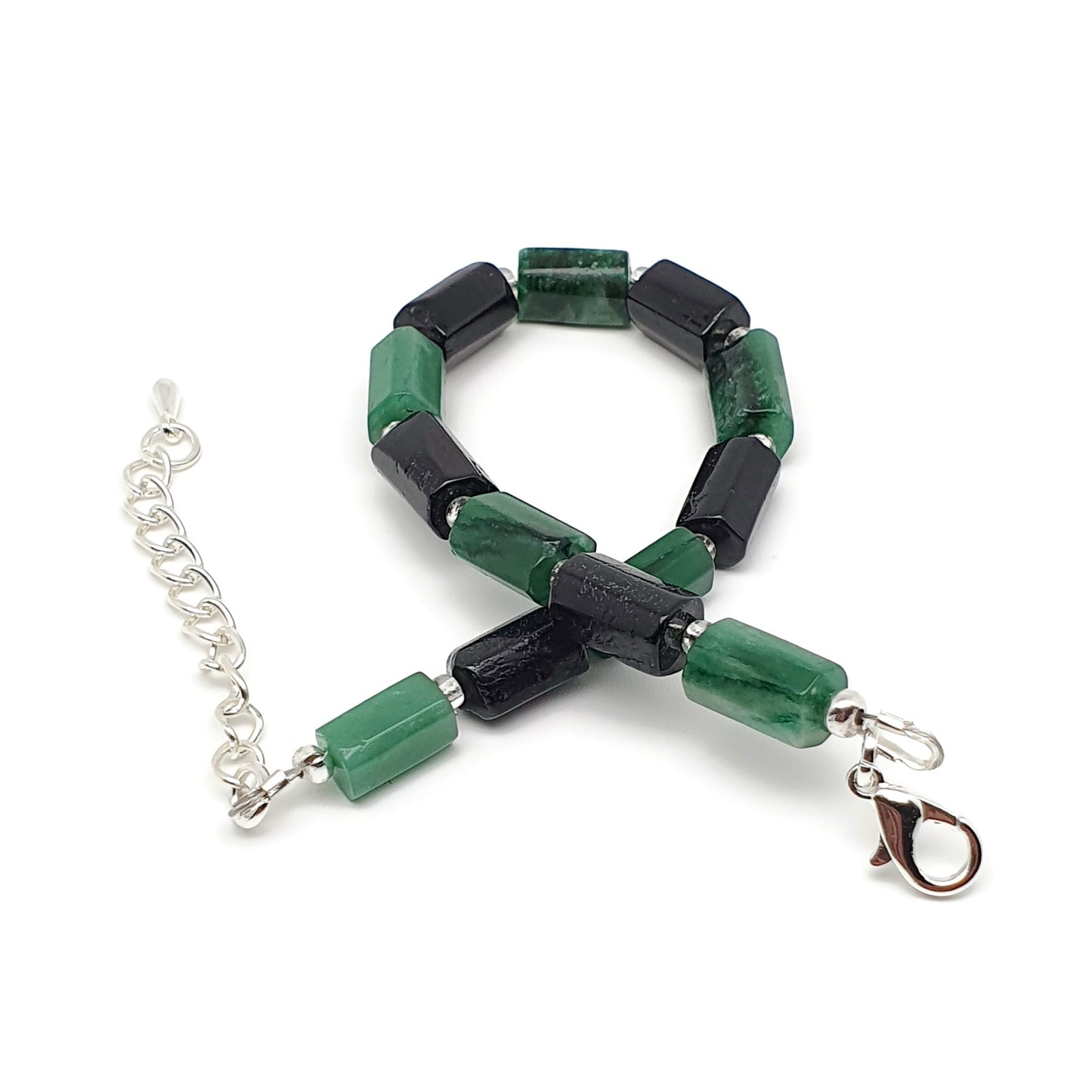Natural Green Emerald Beaded Bracelet Black Tourmaline Adjustable Length