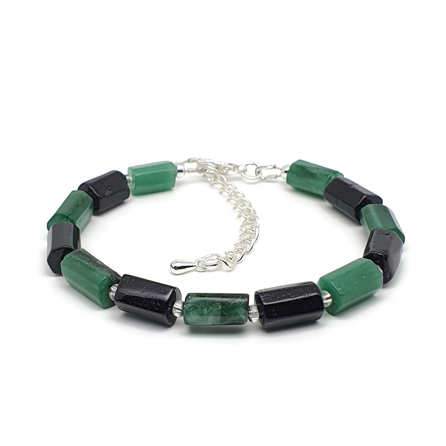 Natural Green Emerald Beaded Bracelet Black Tourmaline Adjustable Length