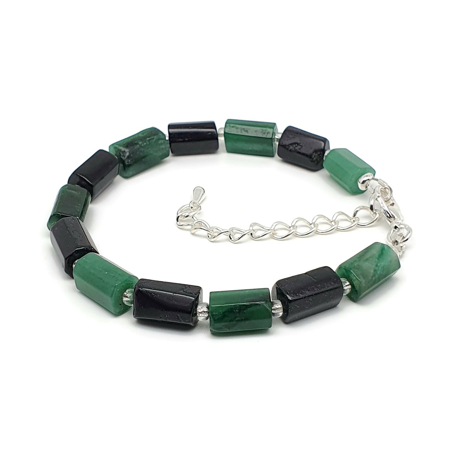 Natural Green Emerald Beaded Bracelet Black Tourmaline Adjustable Length
