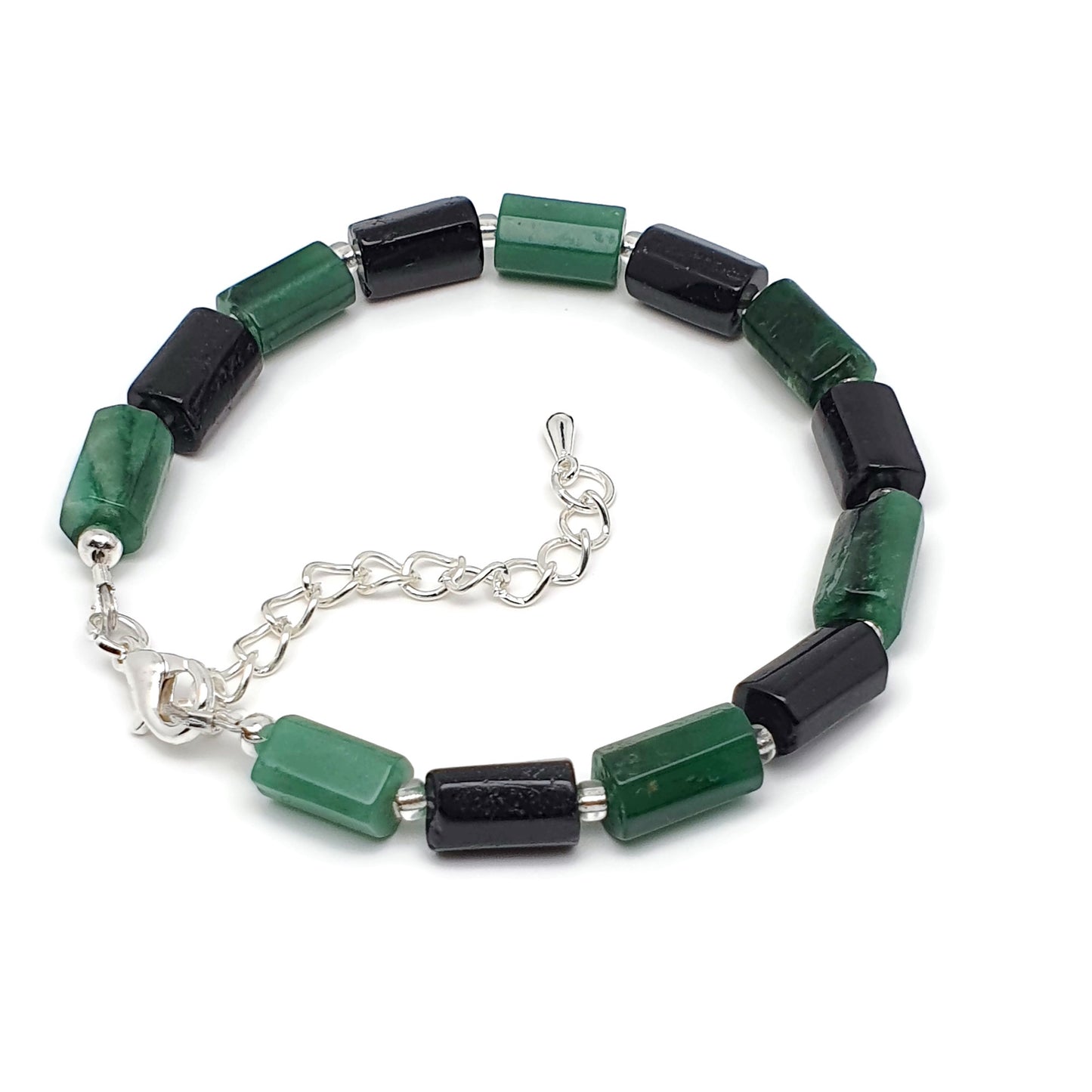 Natural Green Emerald Beaded Bracelet Black Tourmaline Adjustable Length