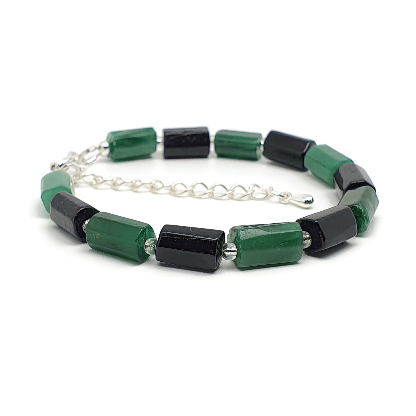 Natural Green Emerald Beaded Bracelet Black Tourmaline Adjustable Length