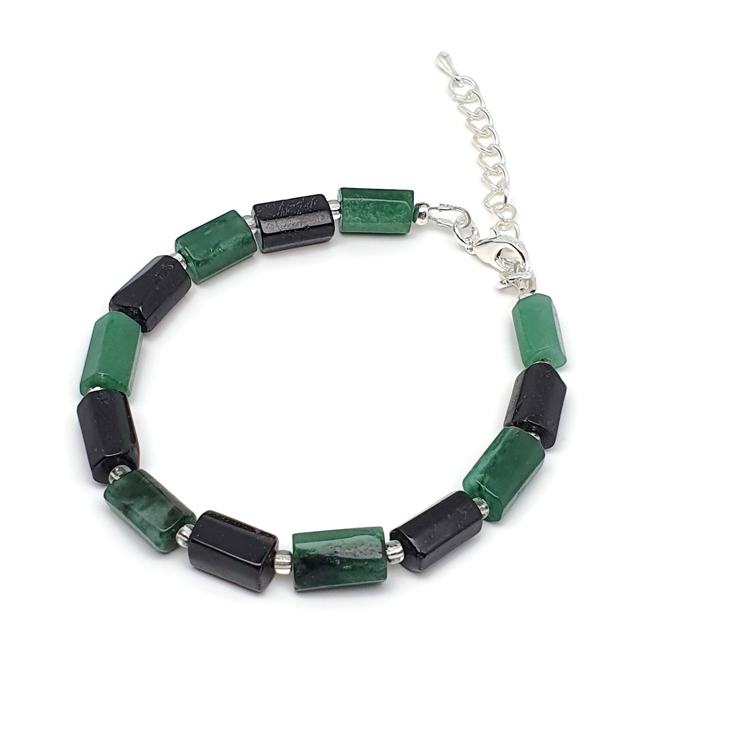 Natural Green Emerald Beaded Bracelet Black Tourmaline Adjustable Length