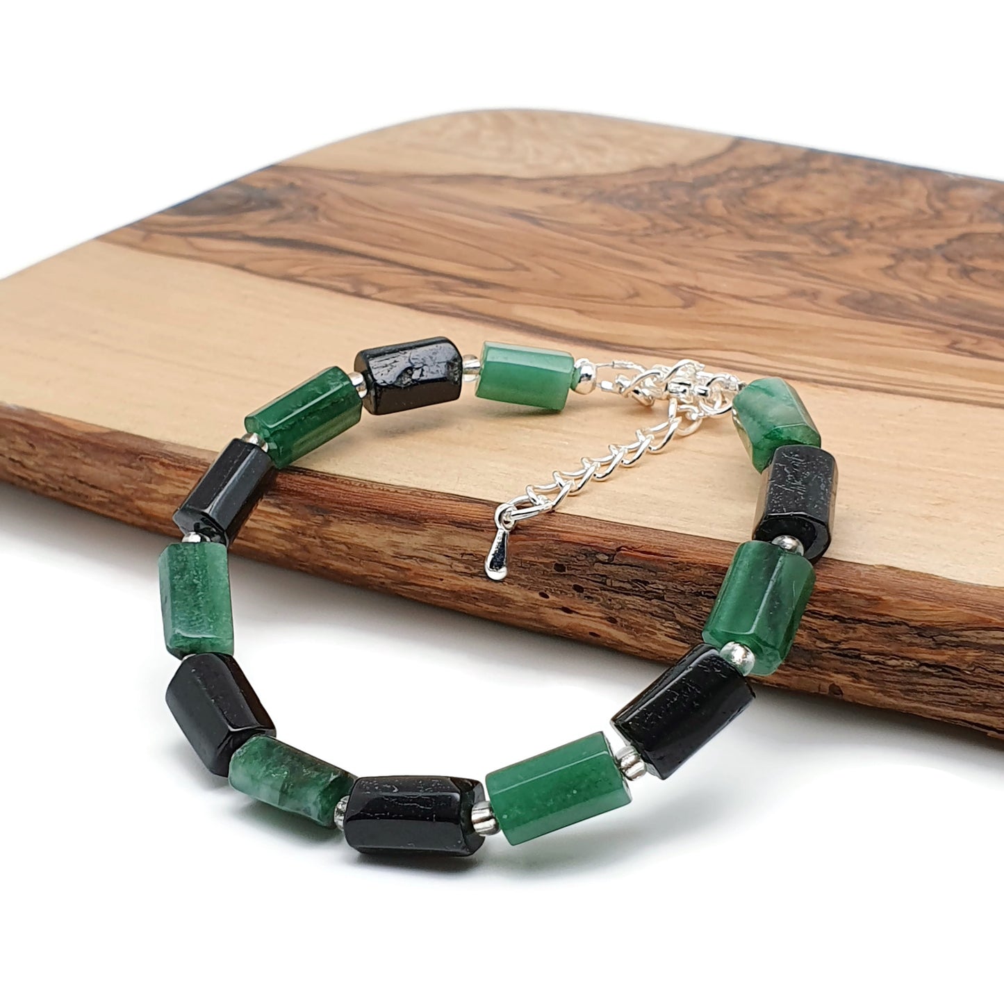Natural Green Emerald Beaded Bracelet Black Tourmaline Adjustable Length