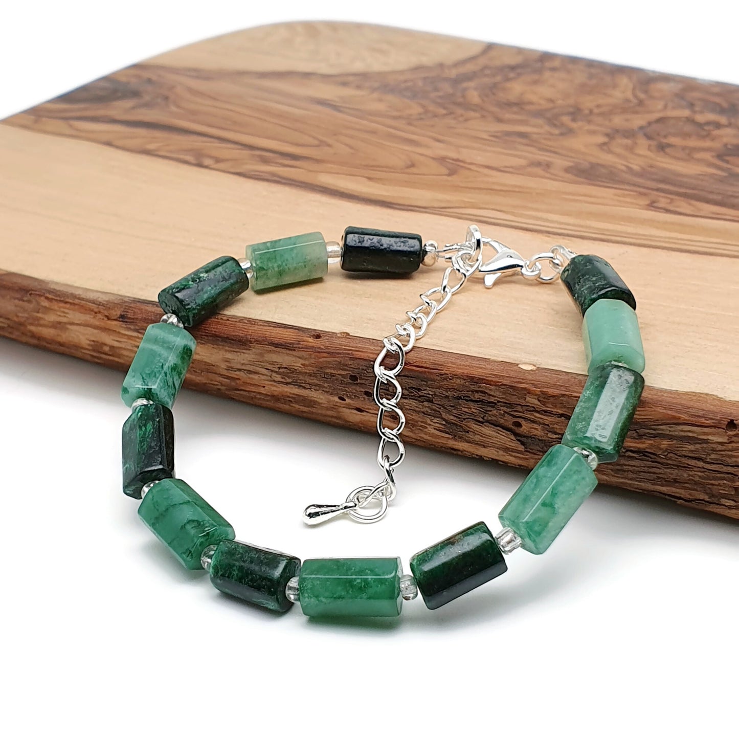 Natural Green Emerald Beaded Bracelet Black Tourmaline Adjustable Length