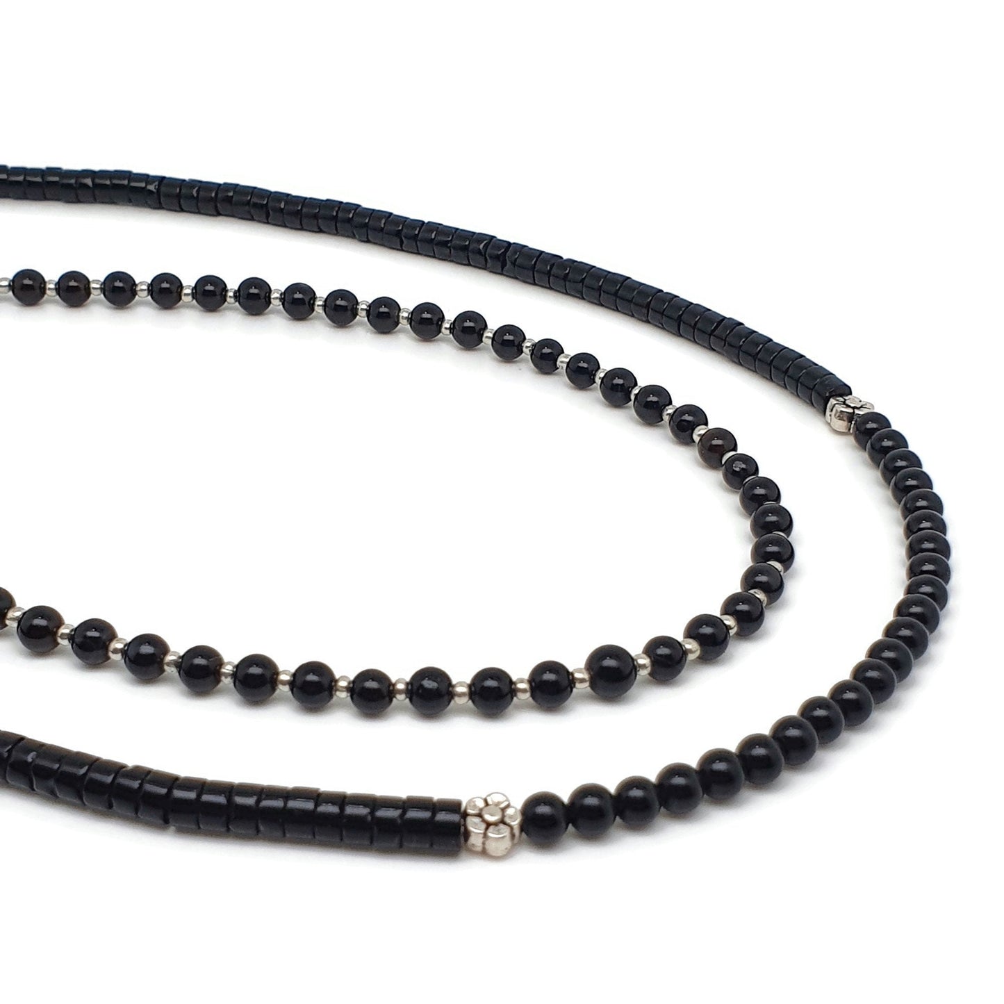 Black Agate Beaded Collar Necklace Silver Plated