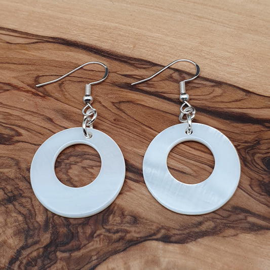 White Mother Of Pearl Hoop Earrings Dangle Drop Natural Shell Disc