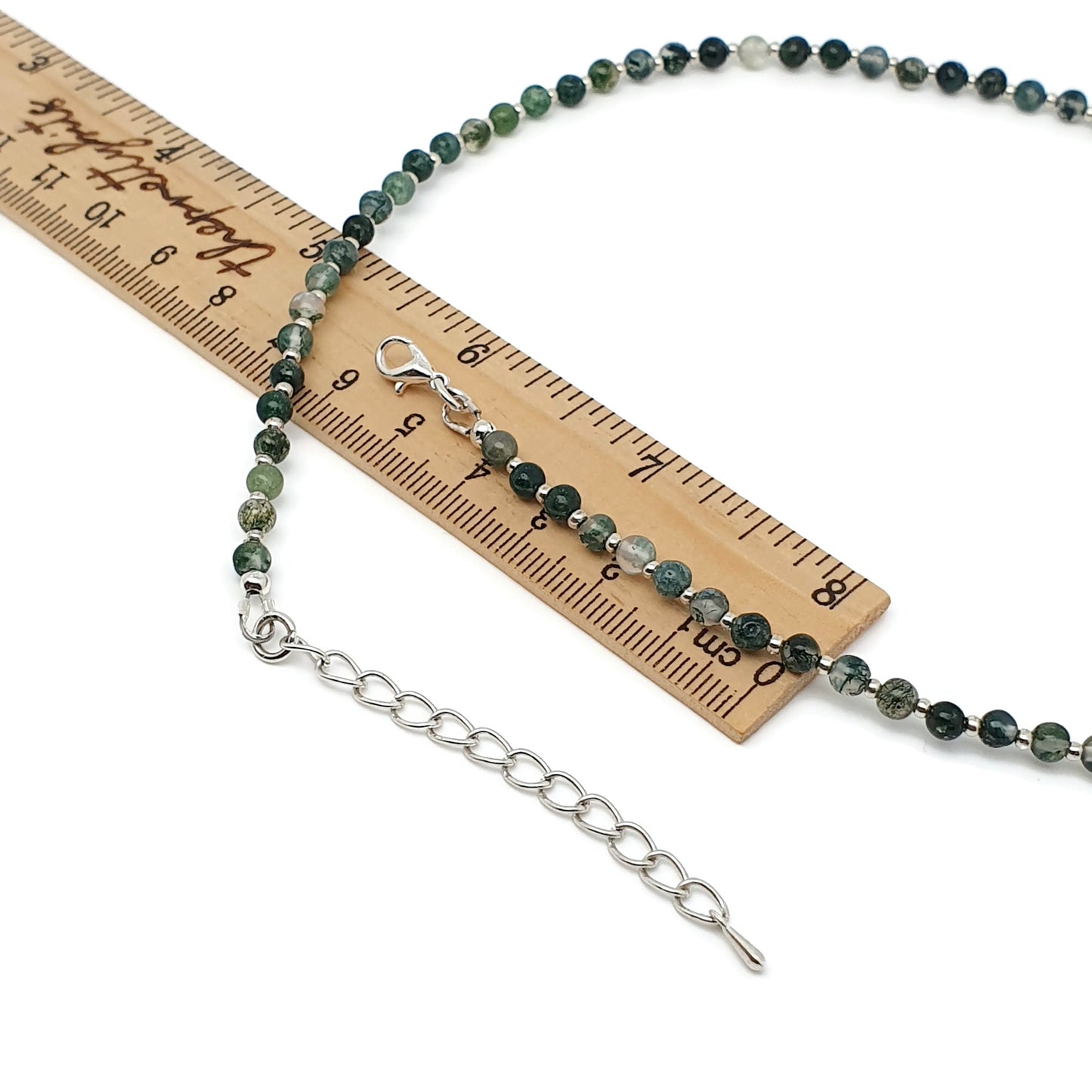 Green Moss Agate Beaded Collar Necklace Silver Plated