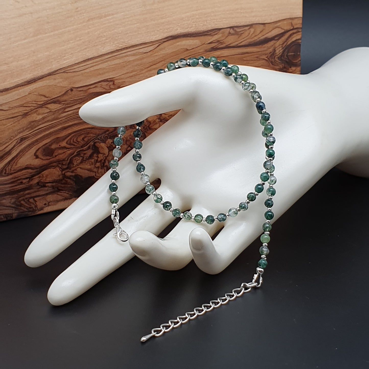 Green Moss Agate Beaded Collar Necklace Silver Plated